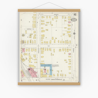 Old map wall art mockup — magnetic wood frame on white wall — Sanborn Fire Insurance Map from Cortland, Cortland County, New York (1915), Sheet #0012