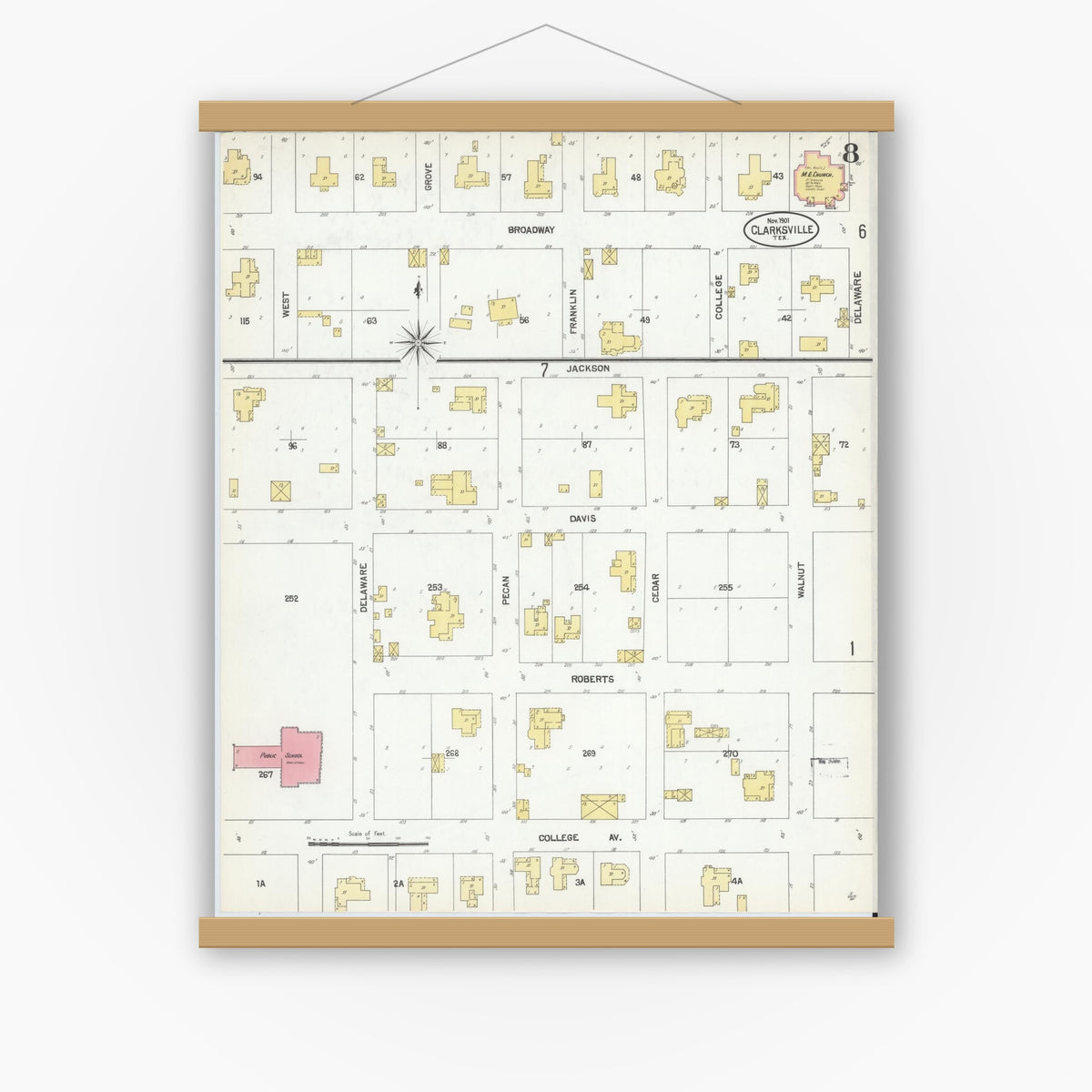 Old map wall art mockup — magnetic wood frame on white wall — Sanborn Fire Insurance Map from Clarksville, Red River County, Texas (1901), Sheet #0008