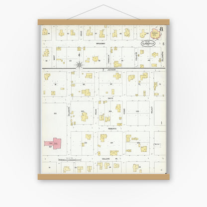 Old map wall art mockup — magnetic wood frame on white wall — Sanborn Fire Insurance Map from Clarksville, Red River County, Texas (1901), Sheet #0008