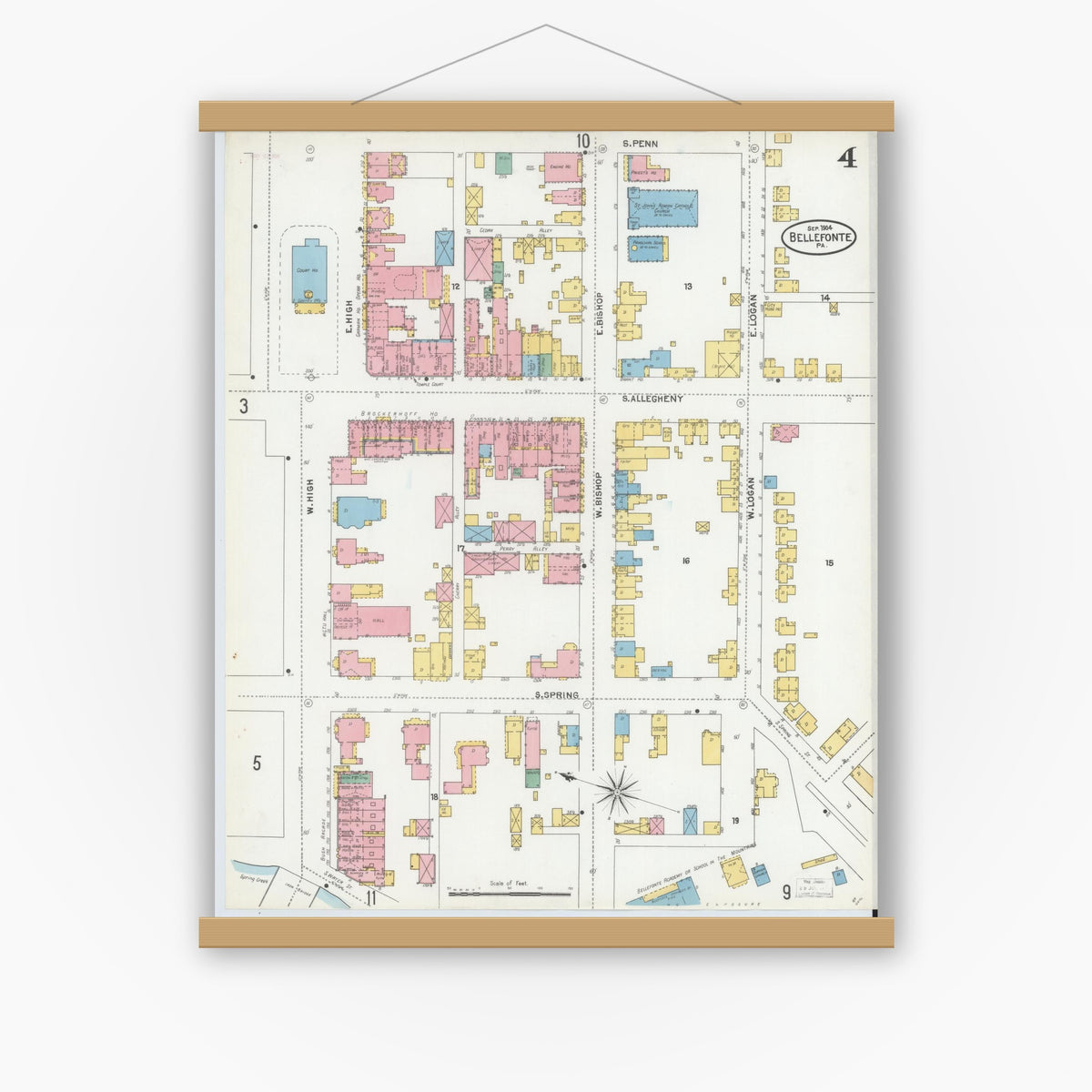 Old map wall art mockup — magnetic wood frame on white wall — Sanborn Fire Insurance Map from Bellefonte, Centre County, Pennsylvania (1904), Sheet #0004
