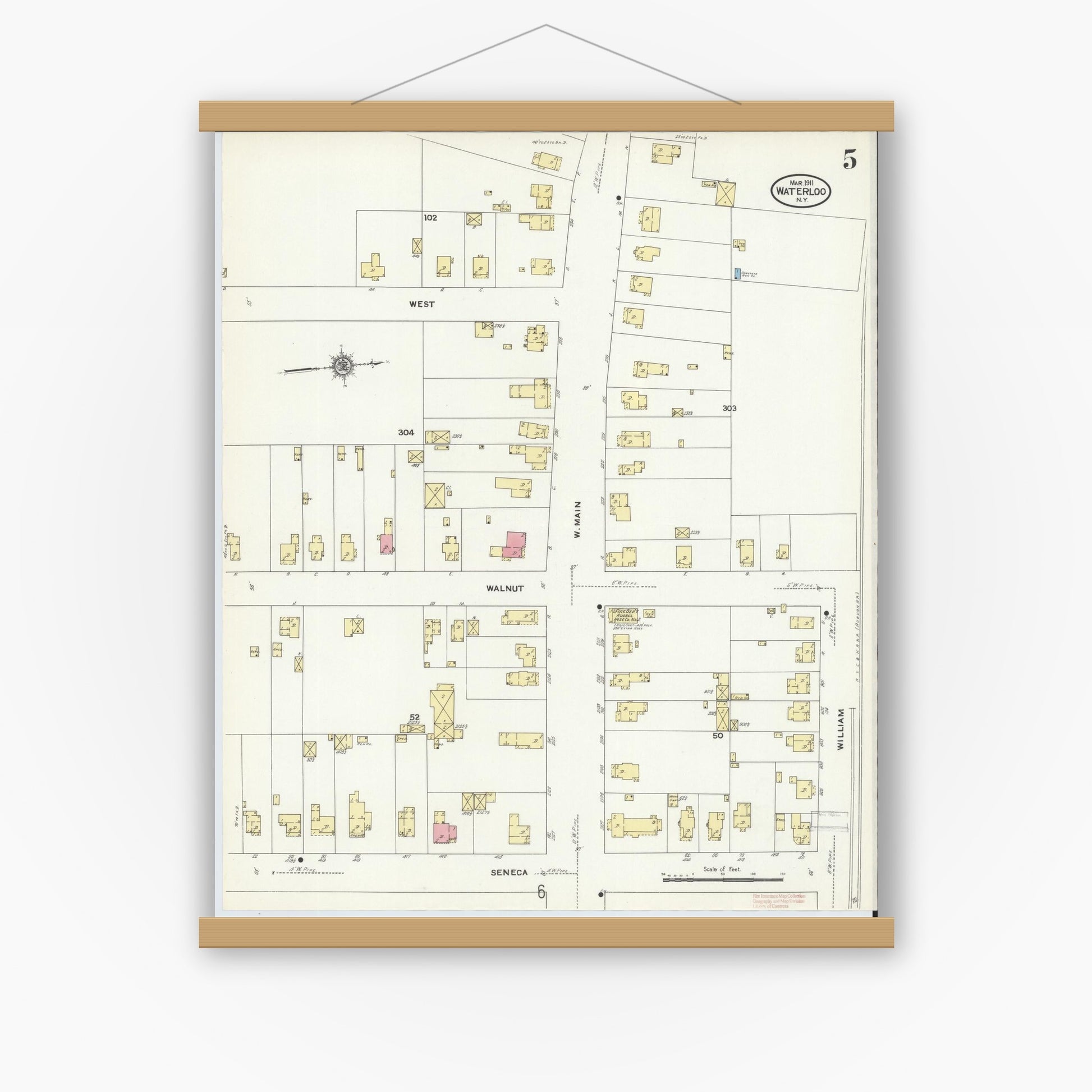 Old map wall art mockup — magnetic wood frame on white wall — Sanborn Fire Insurance Map from Waterloo, Seneca County, New York (1911), Sheet #0005