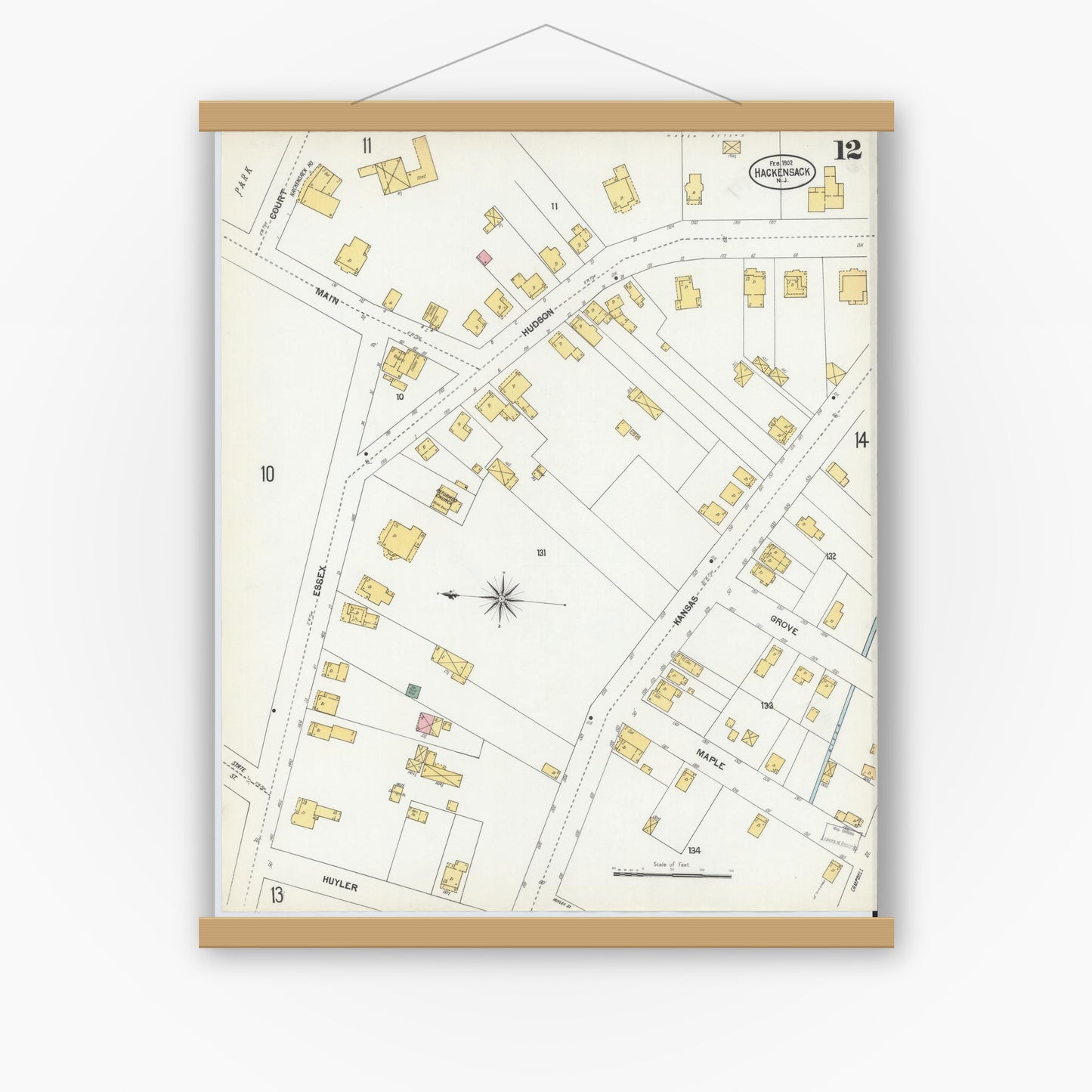 Old map wall art mockup — magnetic wood frame on white wall — Sanborn Fire Insurance Map from Hackensack, Bergen County, New Jersey (1902), Sheet #0012