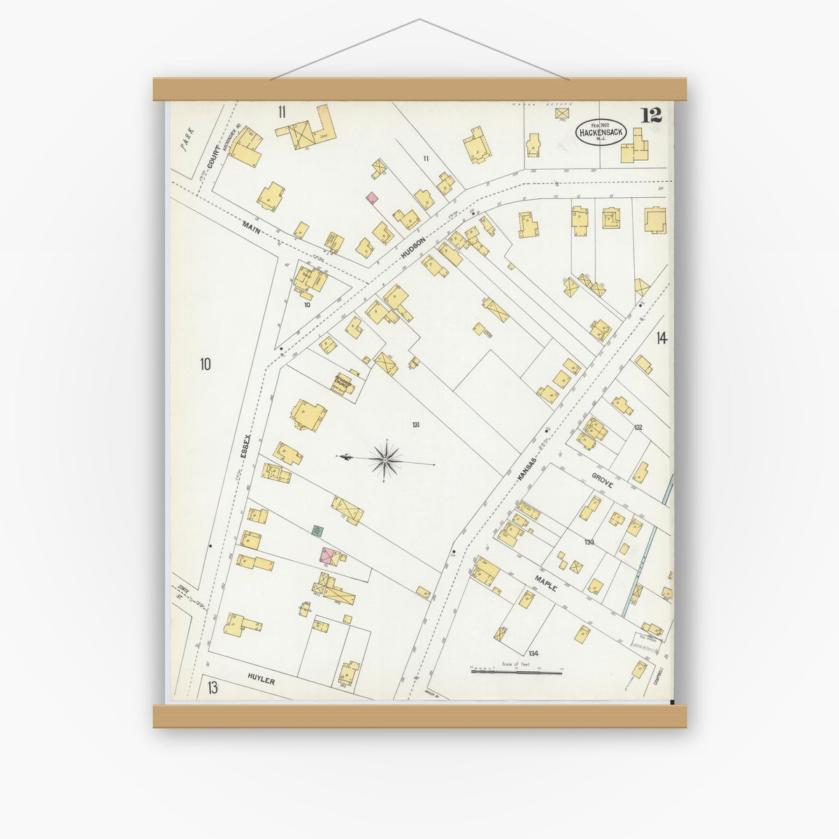 Old map wall art mockup — magnetic wood frame on white wall — Sanborn Fire Insurance Map from Hackensack, Bergen County, New Jersey (1902), Sheet #0012