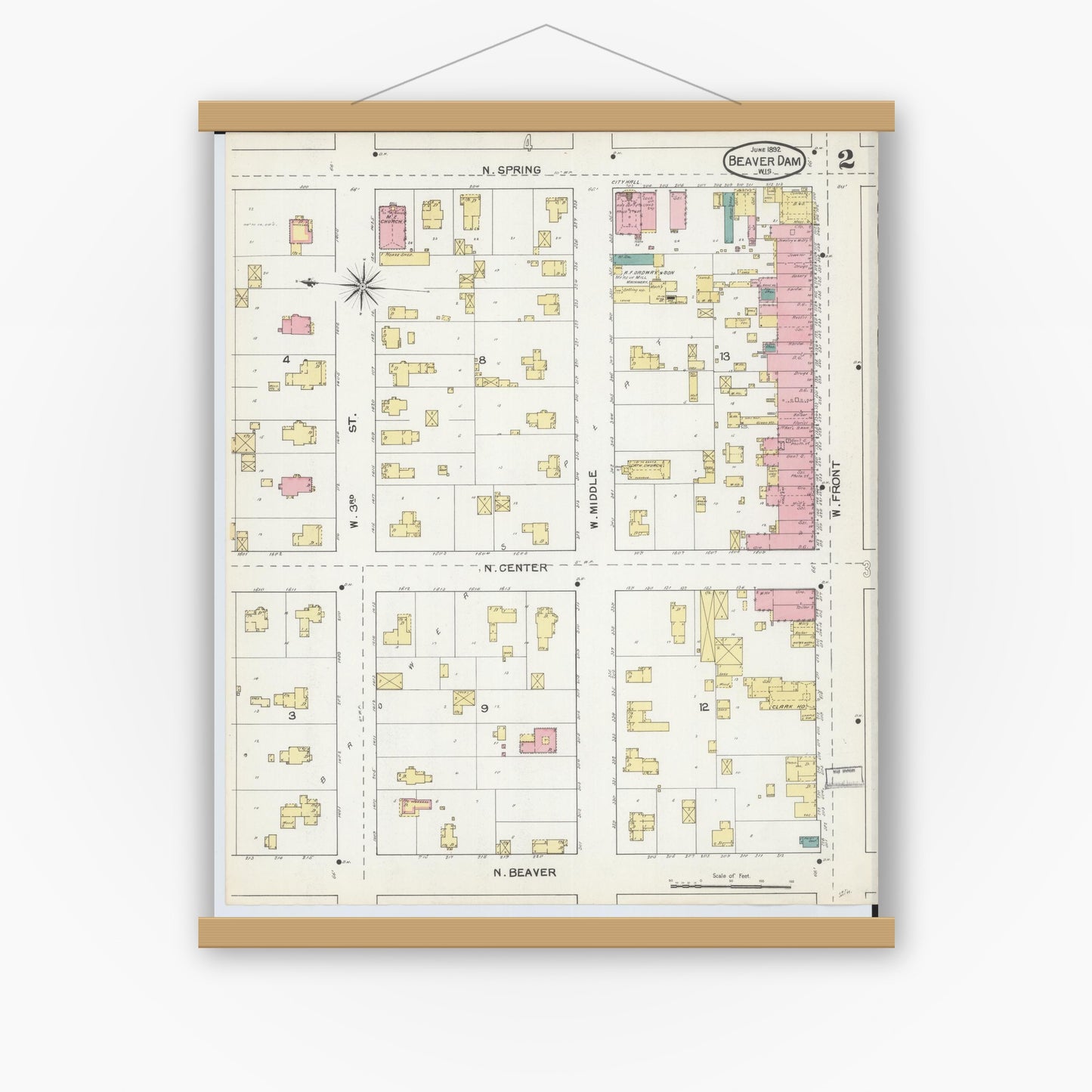 Old map wall art mockup — magnetic wood frame on white wall — Sanborn Fire Insurance Map from Beaver Dam, Dodge County, Wisconsin (1892), Sheet #0002