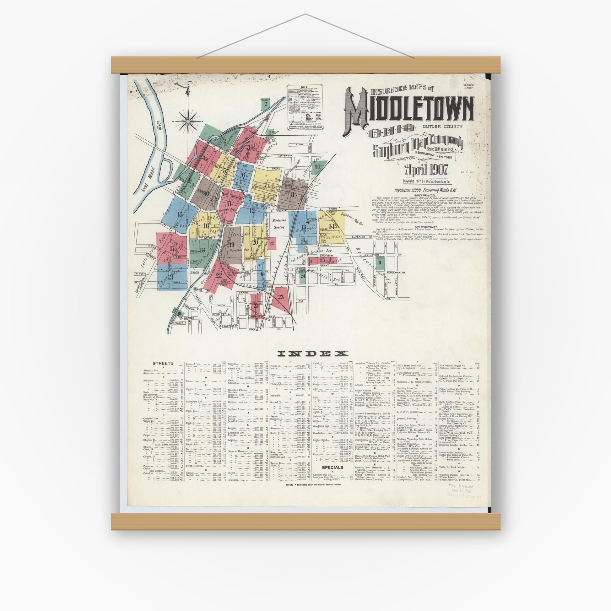 Old map wall art mockup — magnetic wood frame on white wall — Sanborn Fire Insurance Map from Middletown, Butler County, Ohio (1907) - Complete Map Set