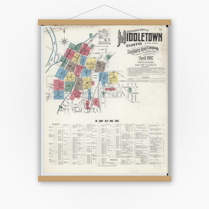 Old map wall art mockup — magnetic wood frame on white wall — Sanborn Fire Insurance Map from Middletown, Butler County, Ohio (1907) - Complete Map Set