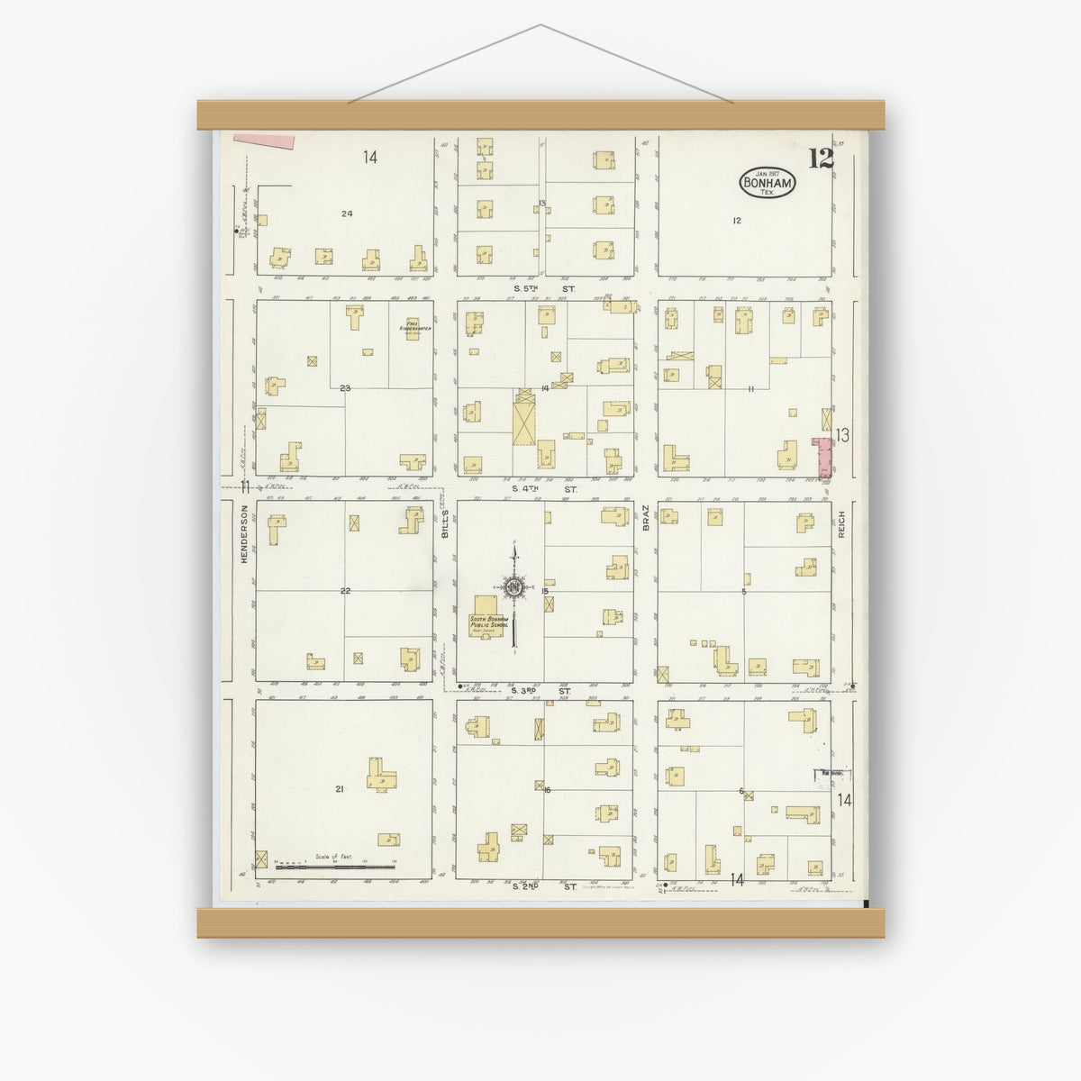 Old map wall art mockup — magnetic wood frame on white wall — Sanborn Fire Insurance Map from Bonham, Fannin County, Texas (1917), Sheet #0012