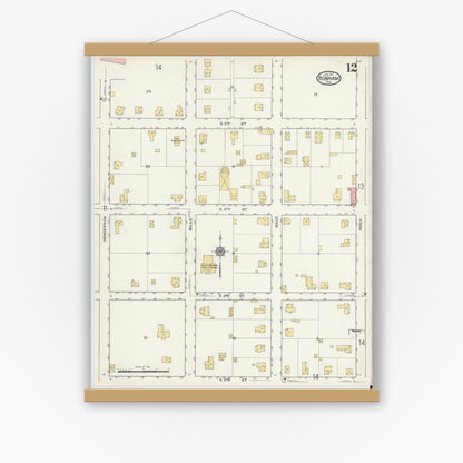 Old map wall art mockup — magnetic wood frame on white wall — Sanborn Fire Insurance Map from Bonham, Fannin County, Texas (1917), Sheet #0012