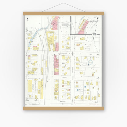 Old map wall art mockup — magnetic wood frame on white wall — Sanborn Fire Insurance Map from Dundee, Kane County, Illinois (1933), Sheet #0005