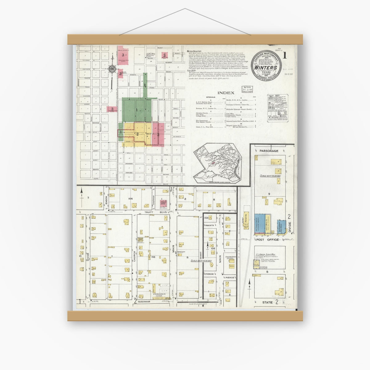 Old map wall art mockup — magnetic wood frame on white wall — Sanborn Fire Insurance Map from Winters, Runnels County, Texas (1917), Sheet #0001
