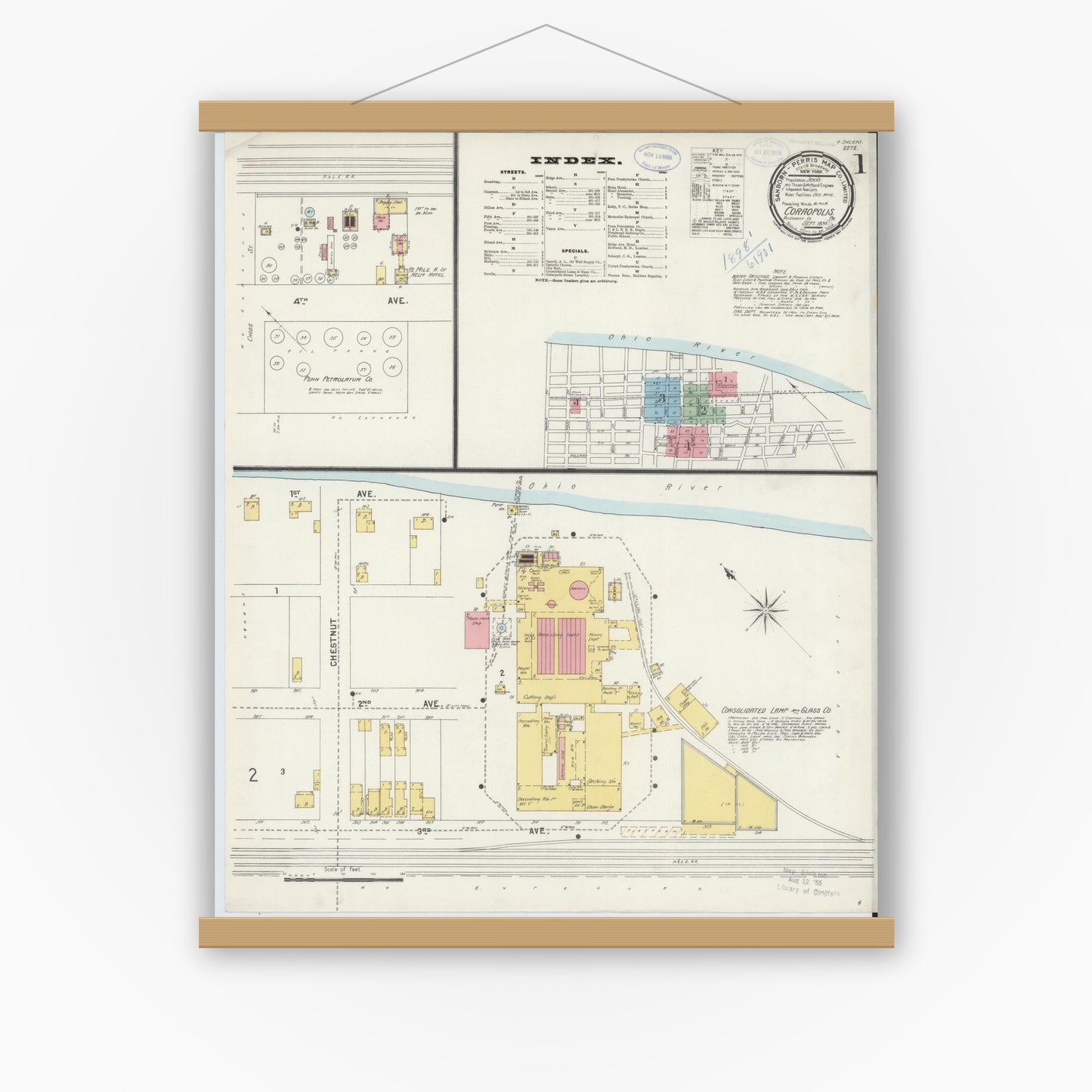 Old map wall art mockup — magnetic wood frame on white wall — Sanborn Fire Insurance Map from Coraopolis, Allegheny County, Pennsylvania (1898) - Complete Map Set