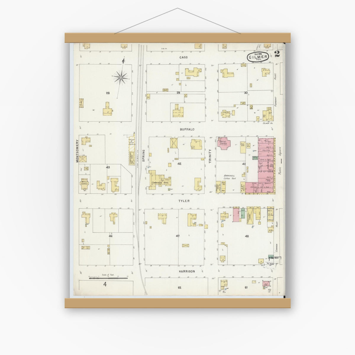 Old map wall art mockup — magnetic wood frame on white wall — Sanborn Fire Insurance Map from Gilmer, Upshur County, Texas (1896), Sheet #0002