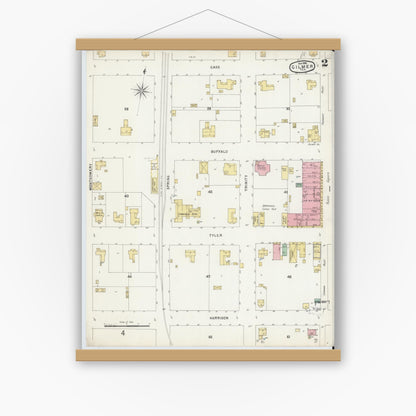 Old map wall art mockup — magnetic wood frame on white wall — Sanborn Fire Insurance Map from Gilmer, Upshur County, Texas (1896), Sheet #0002