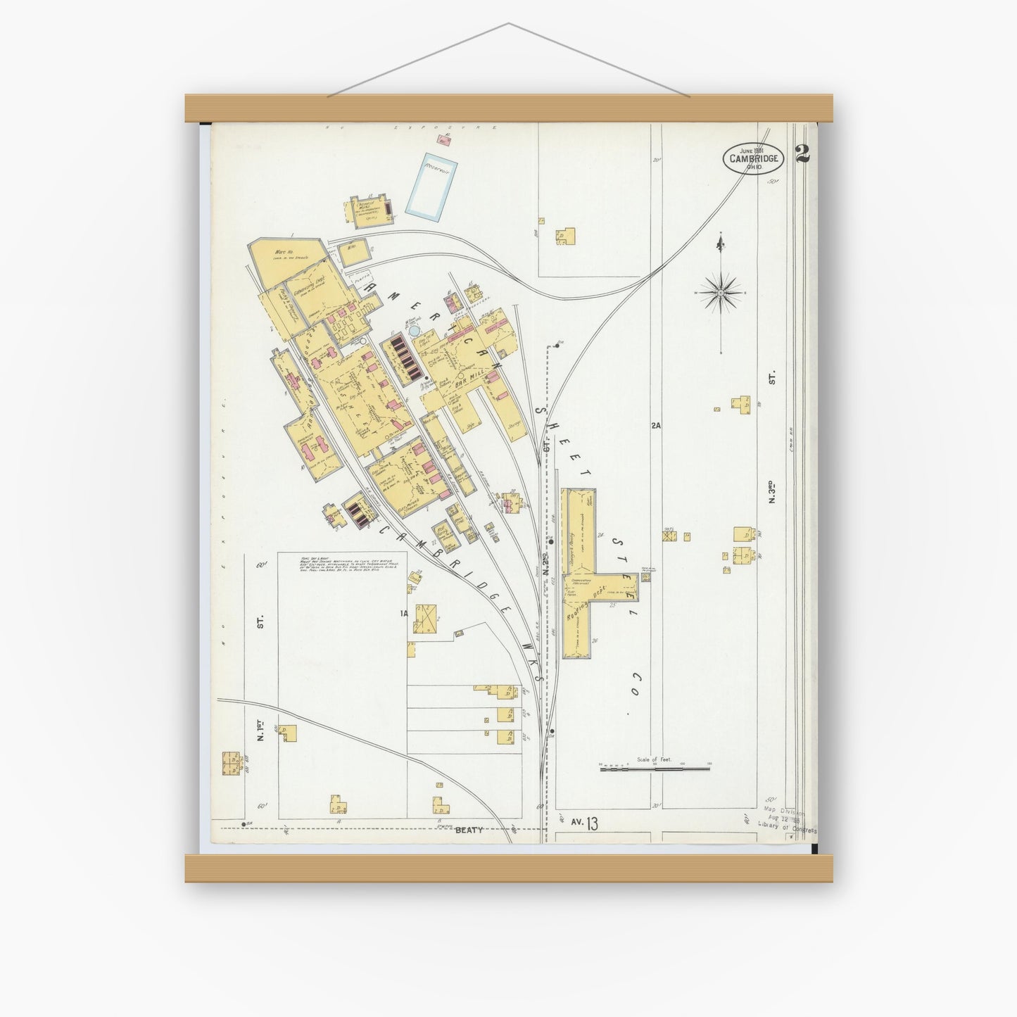 Old map wall art mockup — magnetic wood frame on white wall — Sanborn Fire Insurance Map from Cambridge, Guernsey County, Ohio (1901), Sheet #0002