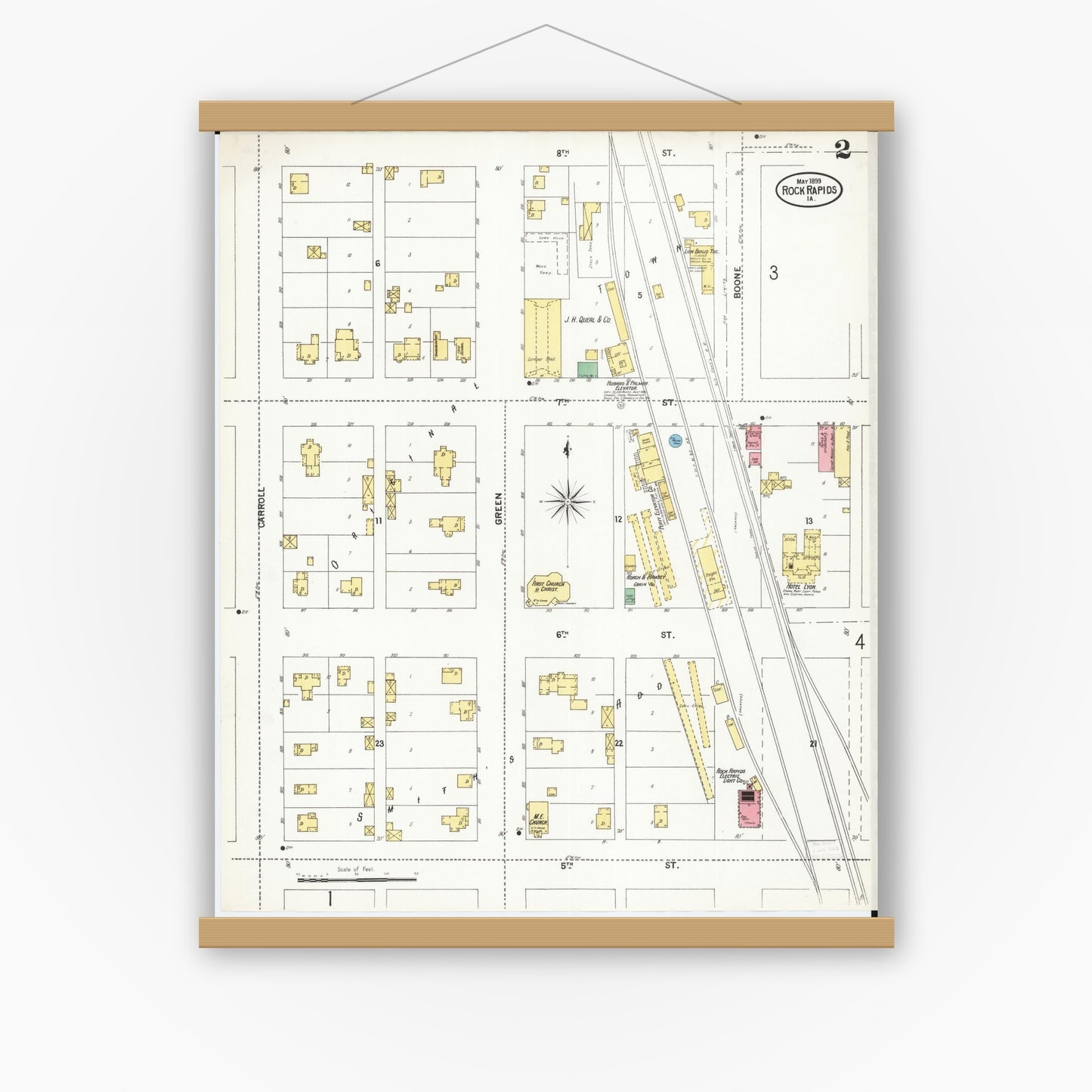 Old map wall art mockup — magnetic wood frame on white wall — Sanborn Fire Insurance Map from Rock Rapids, Lyon County, Iowa (1899), Sheet #0002
