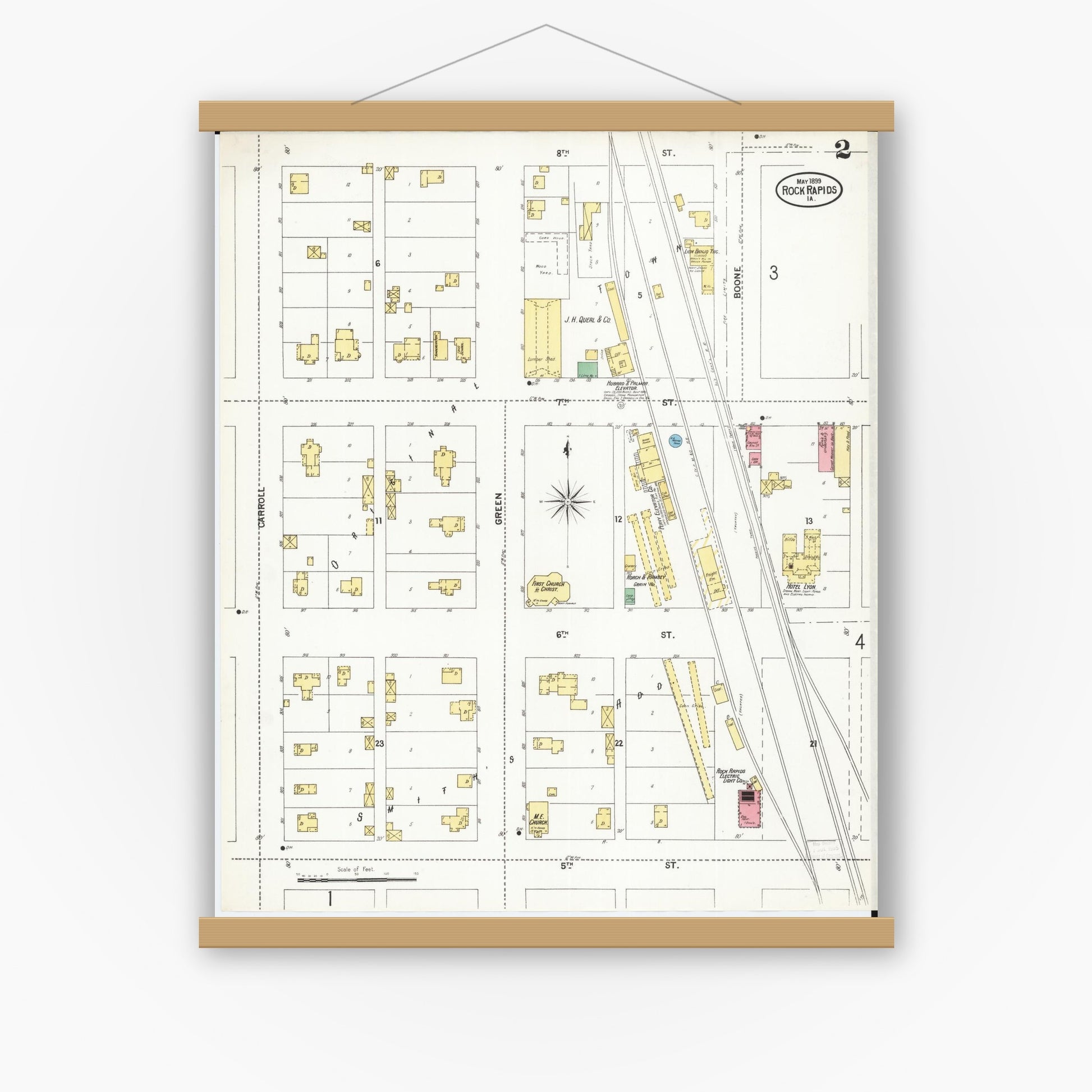 Old map wall art mockup — magnetic wood frame on white wall — Sanborn Fire Insurance Map from Rock Rapids, Lyon County, Iowa (1899), Sheet #0002