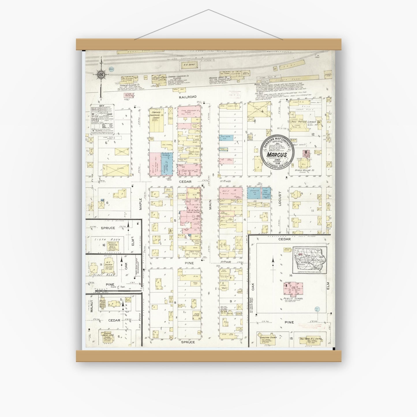 Old map wall art mockup — magnetic wood frame on white wall — Sanborn Fire Insurance Map from Marcus, Cherokee County, Iowa (1914), Sheet #0001