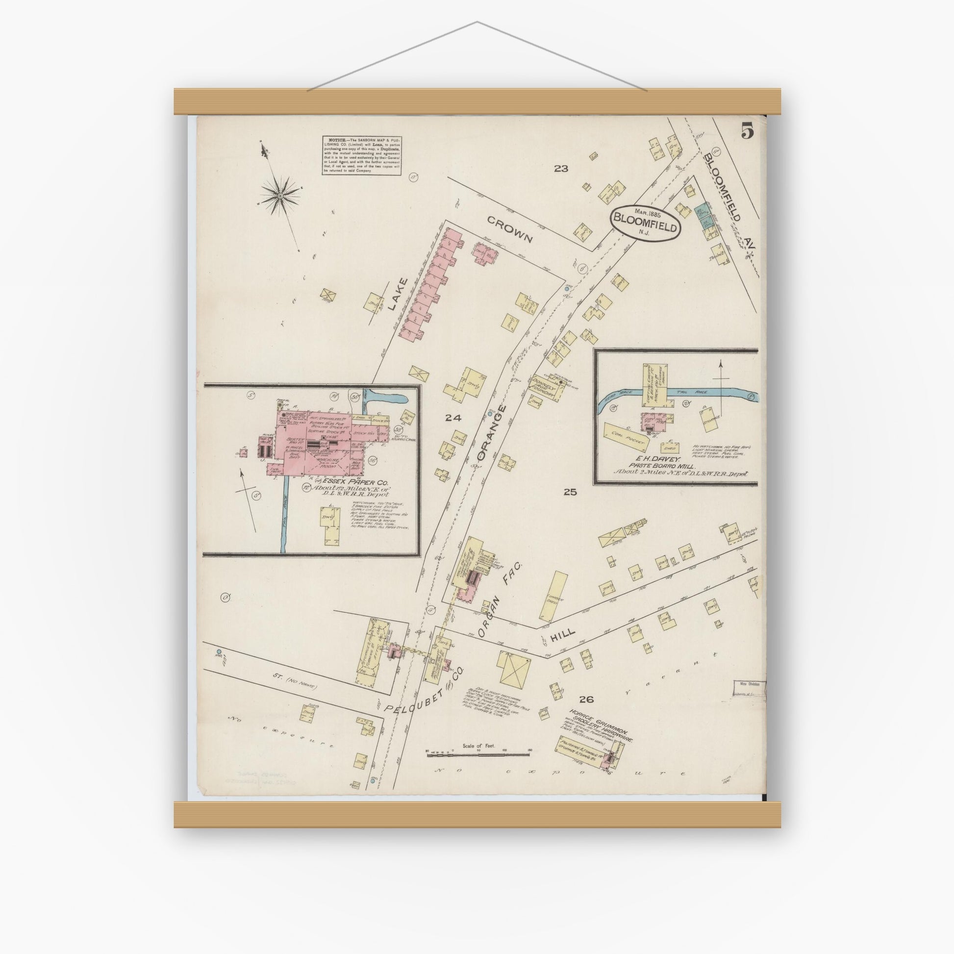 Old map wall art mockup — magnetic wood frame on white wall — Sanborn Fire Insurance Map from Bloomfield, Essex County, New Jersey (1885), Sheet #0005