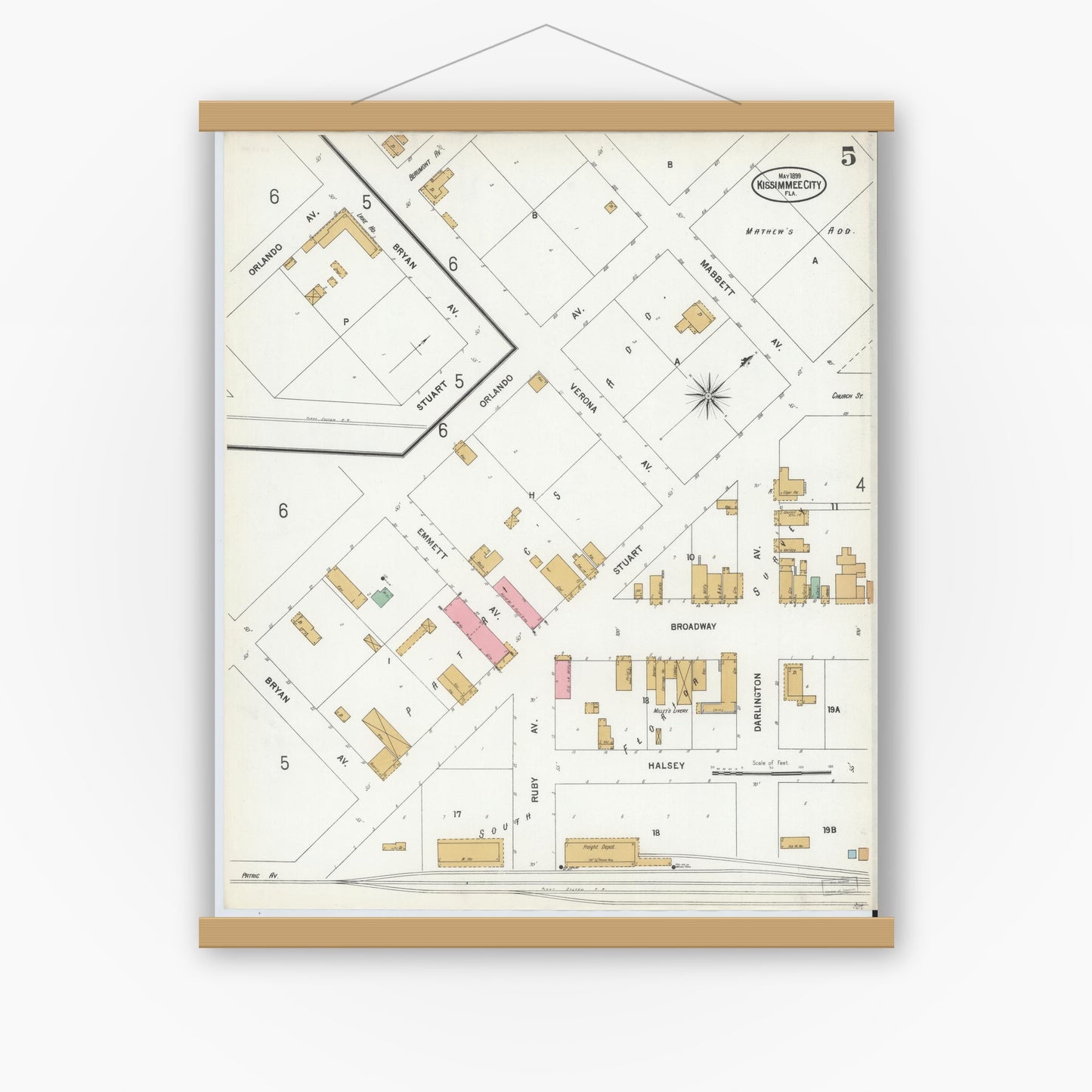 Old map wall art mockup — magnetic wood frame on white wall — Sanborn Fire Insurance Map from Kissimmee, Osceola County, Florida (1899), Sheet #0005