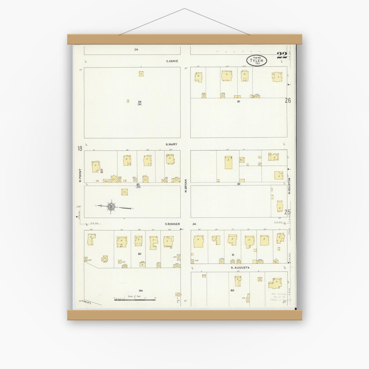 Old map wall art mockup — magnetic wood frame on white wall — Sanborn Fire Insurance Map from Tyler, Smith County, Texas (1912), Sheet #0022
