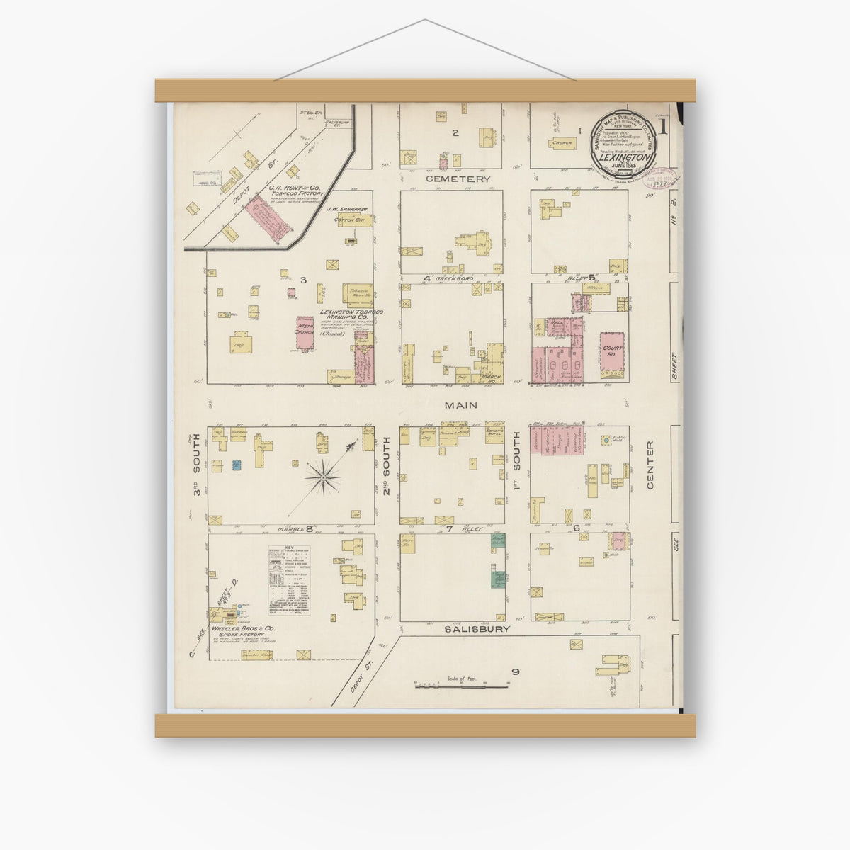 Old map wall art mockup — magnetic wood frame on white wall — Sanborn Fire Insurance Map from Lexington, Davidson County, North Carolina (1885) - Complete Map Set