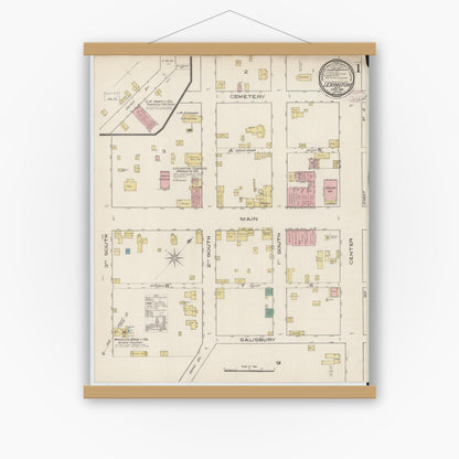 Old map wall art mockup — magnetic wood frame on white wall — Sanborn Fire Insurance Map from Lexington, Davidson County, North Carolina (1885) - Complete Map Set
