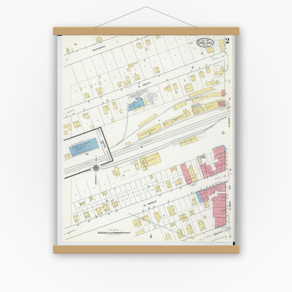 Old map wall art mockup — magnetic wood frame on white wall — Sanborn Fire Insurance Map from Chelsea, Washtenaw County, Michigan (1918), Sheet #0002