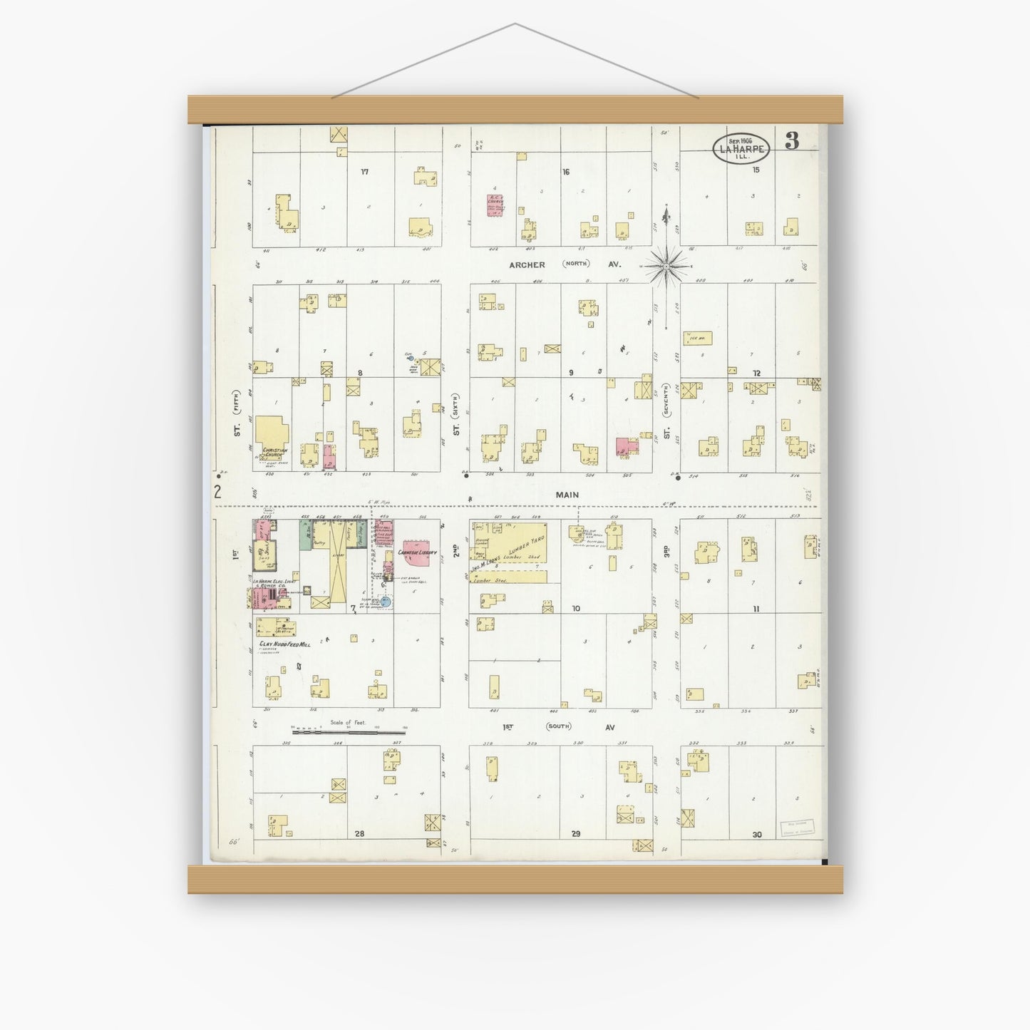 Old map wall art mockup — magnetic wood frame on white wall — Sanborn Fire Insurance Map from La Harpe, Hancock County, Illinois (1906), Sheet #0003