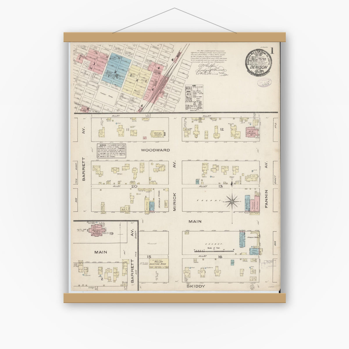 Old map wall art mockup — magnetic wood frame on white wall — Sanborn Fire Insurance Map from Denison, Grayson County, Texas (1885) - Complete Map Set