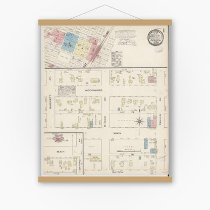 Old map wall art mockup — magnetic wood frame on white wall — Sanborn Fire Insurance Map from Denison, Grayson County, Texas (1885) - Complete Map Set