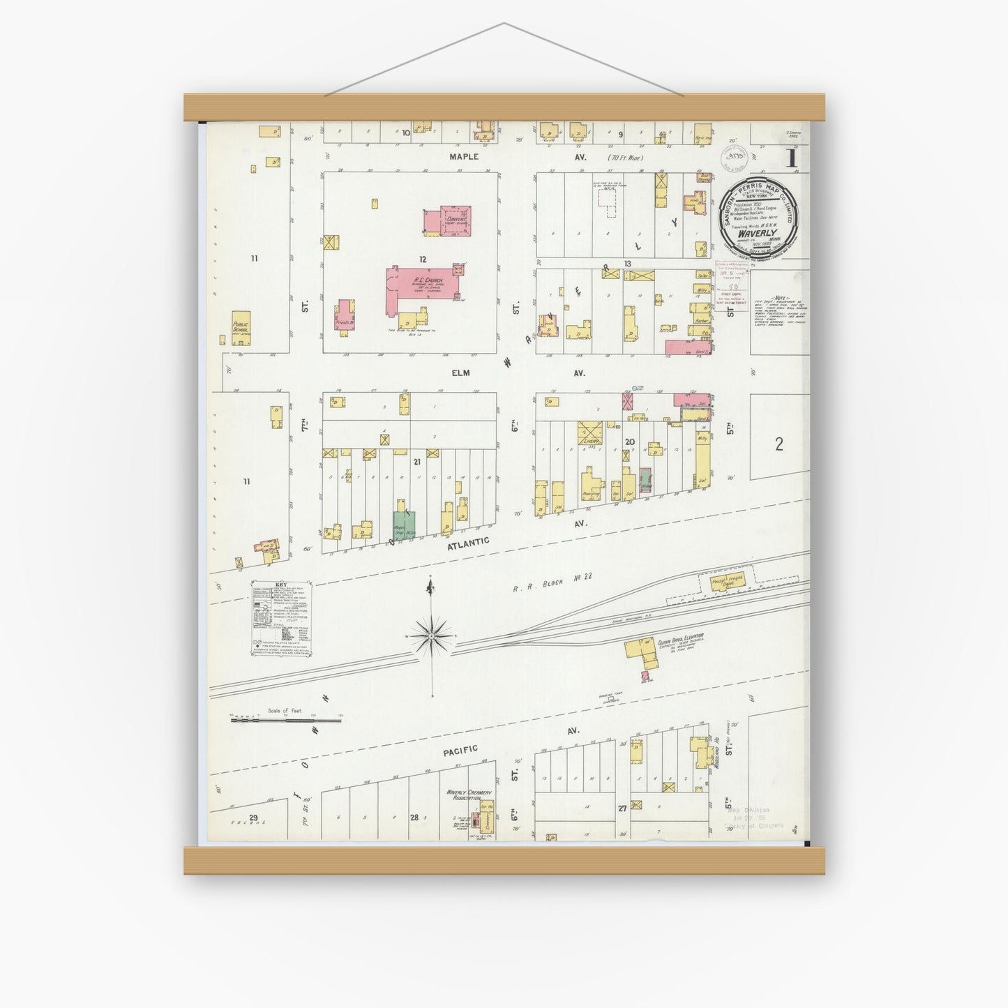 Old map wall art mockup — magnetic wood frame on white wall — Sanborn Fire Insurance Map from Waverly, Wright County, Minnesota (1899) - Complete Map Set