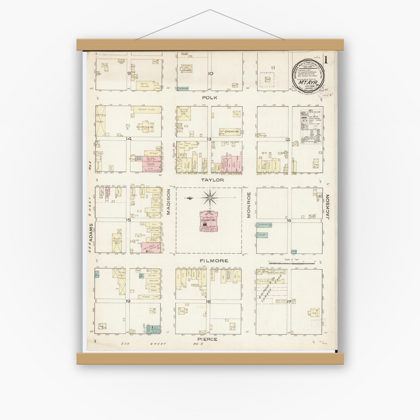 Old map wall art mockup — magnetic wood frame on white wall — Sanborn Fire Insurance Map from Mount Ayr, Ringgold County, Iowa (1886) â€” Complete Set