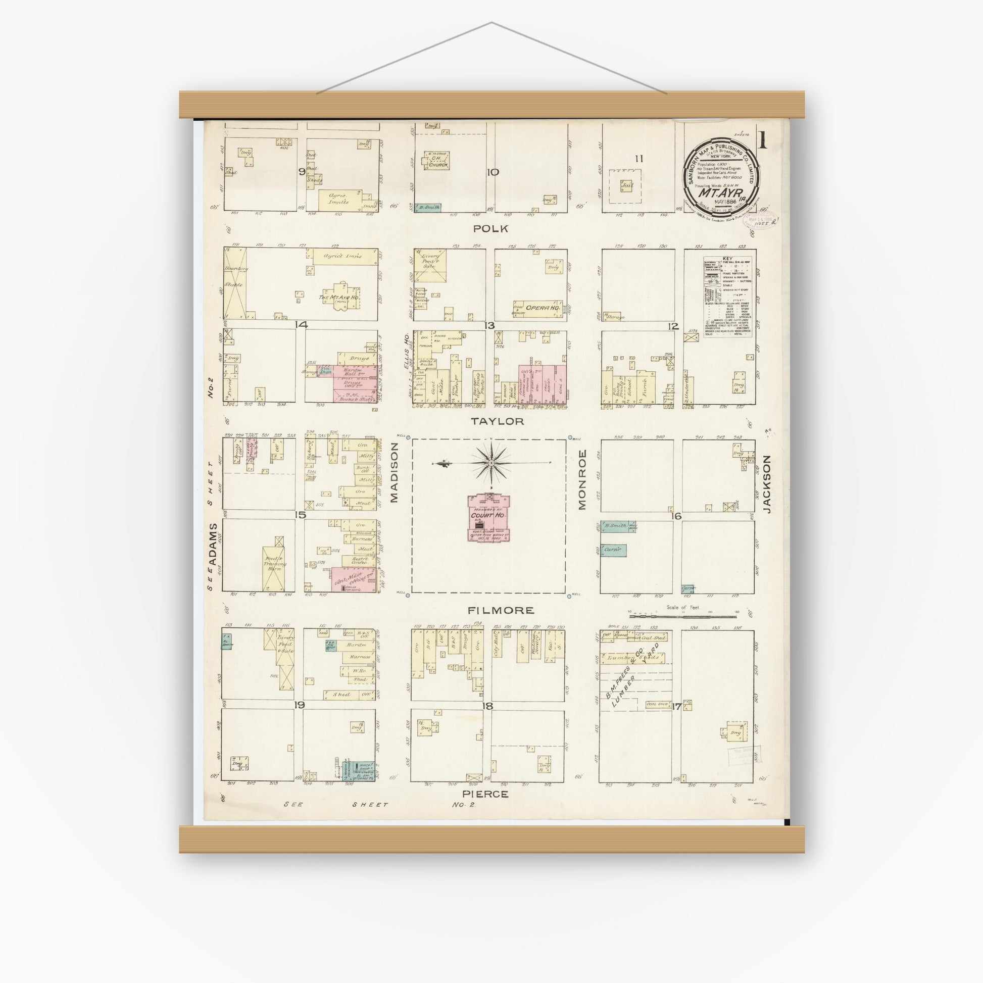Old map wall art mockup — magnetic wood frame on white wall — Sanborn Fire Insurance Map from Mount Ayr, Ringgold County, Iowa (1886) â€” Complete Set