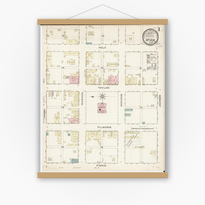 Old map wall art mockup — magnetic wood frame on white wall — Sanborn Fire Insurance Map from Mount Ayr, Ringgold County, Iowa (1886) â€” Complete Set