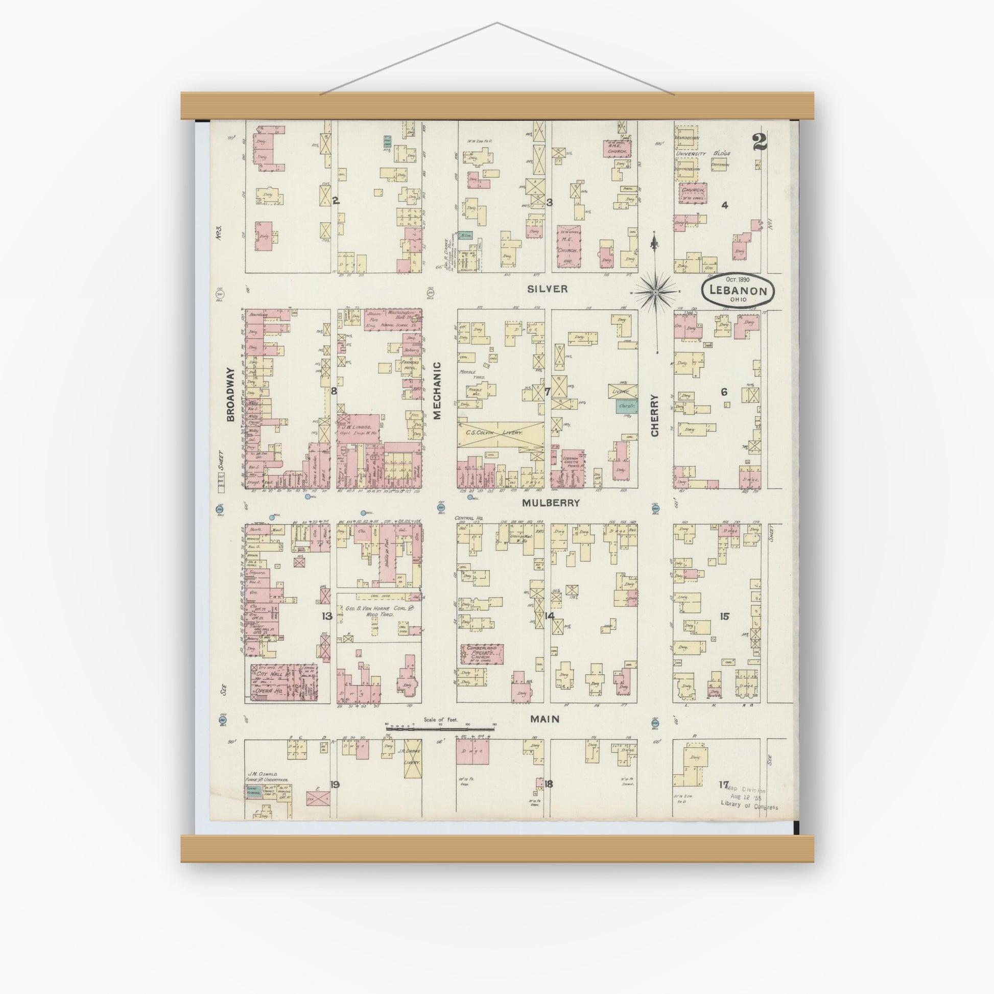 Old map wall art mockup — magnetic wood frame on white wall — Sanborn Fire Insurance Map from Lebanon, Warren County, Ohio (1890), Sheet #0002