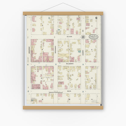 Old map wall art mockup — magnetic wood frame on white wall — Sanborn Fire Insurance Map from Lebanon, Warren County, Ohio (1890), Sheet #0002