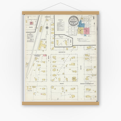 Old map wall art mockup — magnetic wood frame on white wall — Sanborn Fire Insurance Map from Augusta, Hancock County, Illinois (1912) - Complete Map Set