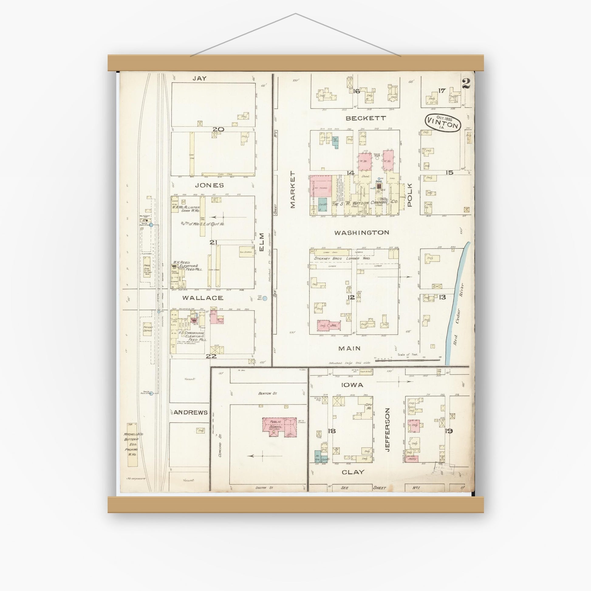 Old map wall art mockup — magnetic wood frame on white wall — Sanborn Fire Insurance Map from Vinton, Benton County, Iowa (1885), Sheet #0002