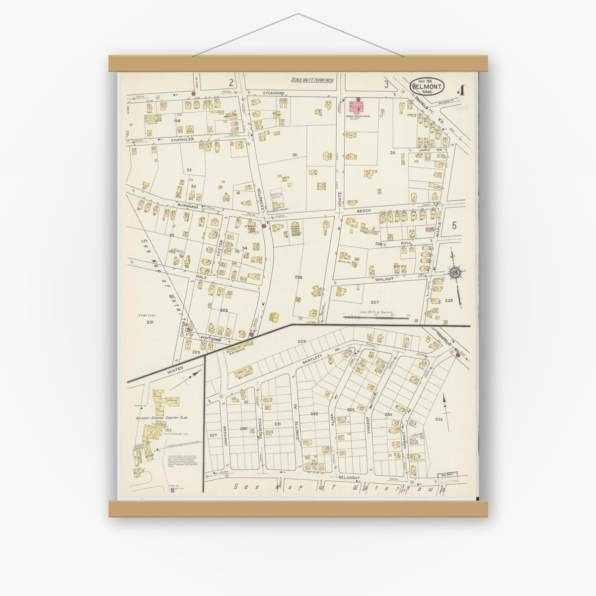 Old map wall art mockup — magnetic wood frame on white wall — Sanborn Fire Insurance Map from Belmont, Middlesex County, Massachusetts (1915), Sheet #0004