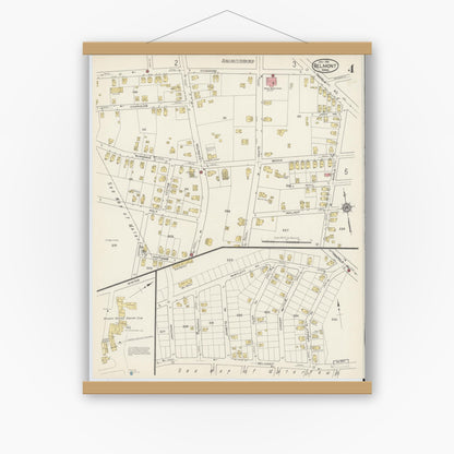 Old map wall art mockup — magnetic wood frame on white wall — Sanborn Fire Insurance Map from Belmont, Middlesex County, Massachusetts (1915), Sheet #0004