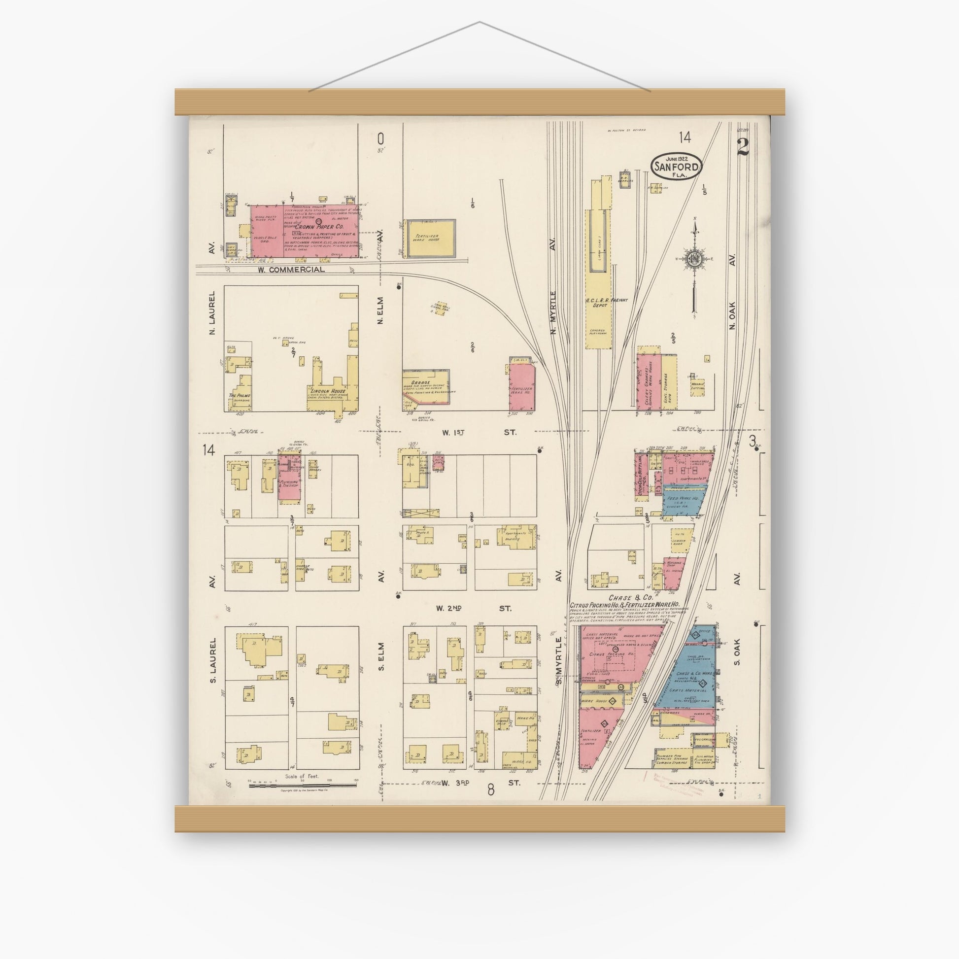 Old map wall art mockup — magnetic wood frame on white wall — Sanborn Fire Insurance Map from Sanford, Seminole County, Florida (1922), Sheet #0002