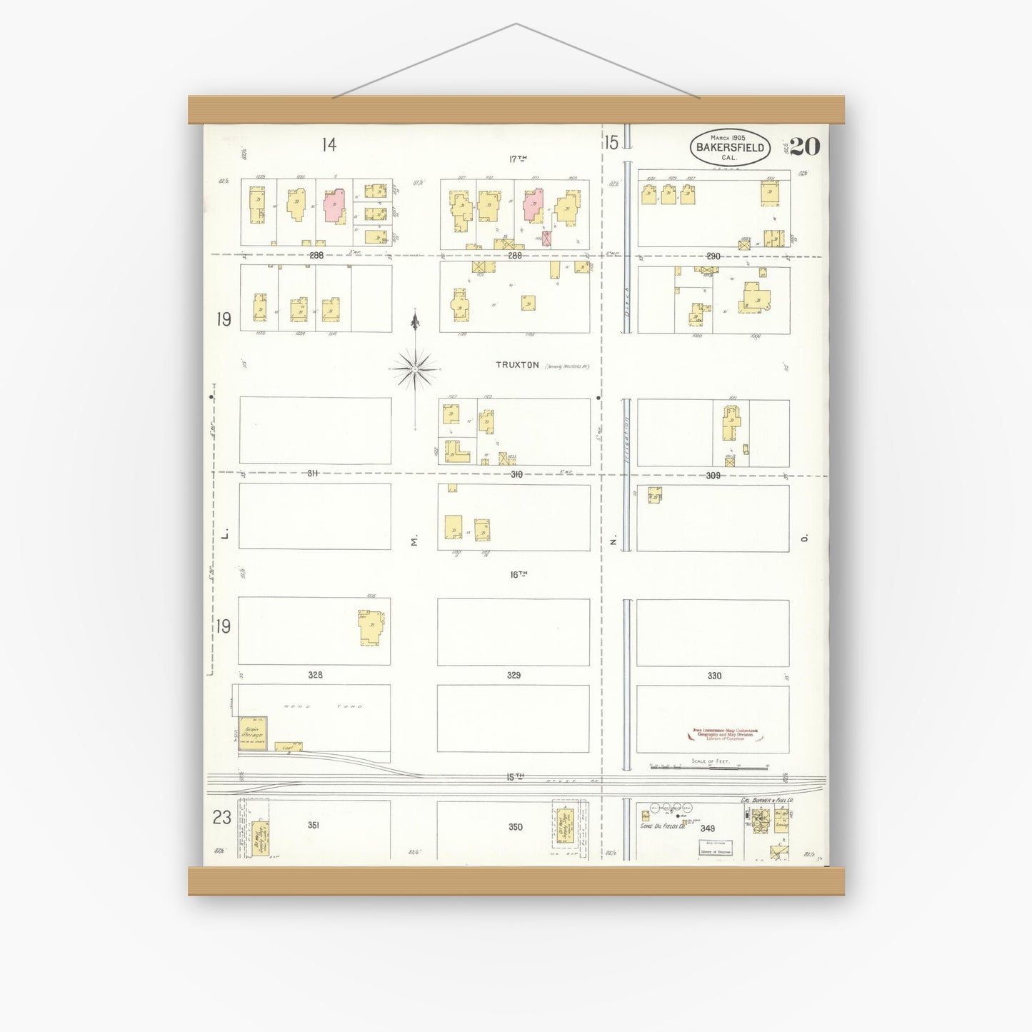 Old map wall art mockup — magnetic wood frame on white wall — Sanborn Fire Insurance Map from Bakersfield, Kern County, California (1905), Sheet #0020