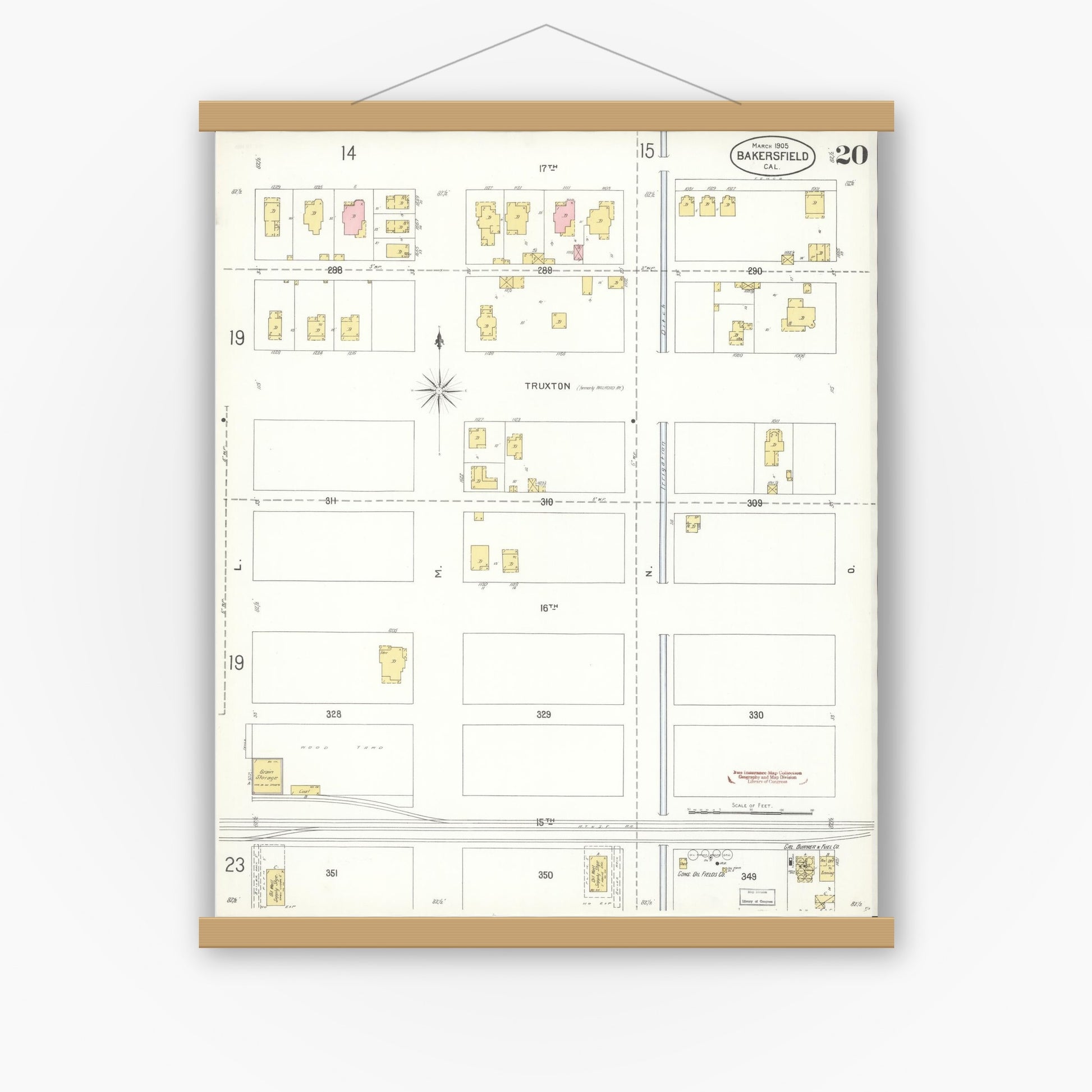 Old map wall art mockup — magnetic wood frame on white wall — Sanborn Fire Insurance Map from Bakersfield, Kern County, California (1905), Sheet #0020
