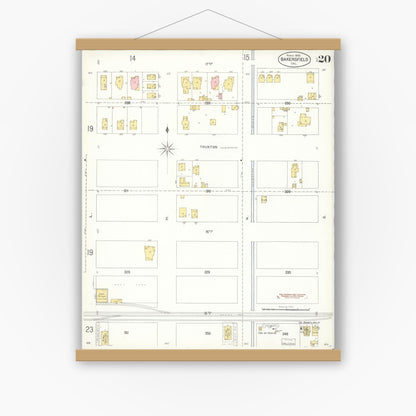Old map wall art mockup — magnetic wood frame on white wall — Sanborn Fire Insurance Map from Bakersfield, Kern County, California (1905), Sheet #0020