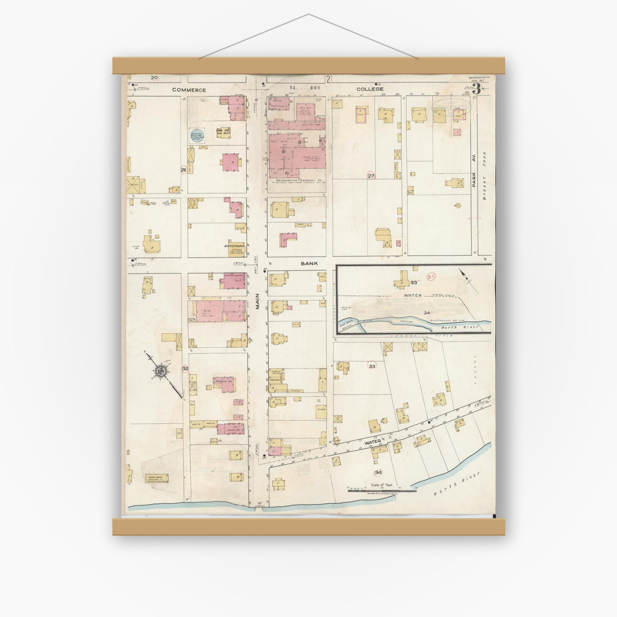 Old map wall art mockup — magnetic wood frame on white wall — Sanborn Fire Insurance Map from Bridgewater, Rockingham County, Virginia (1917), Sheet #0003
