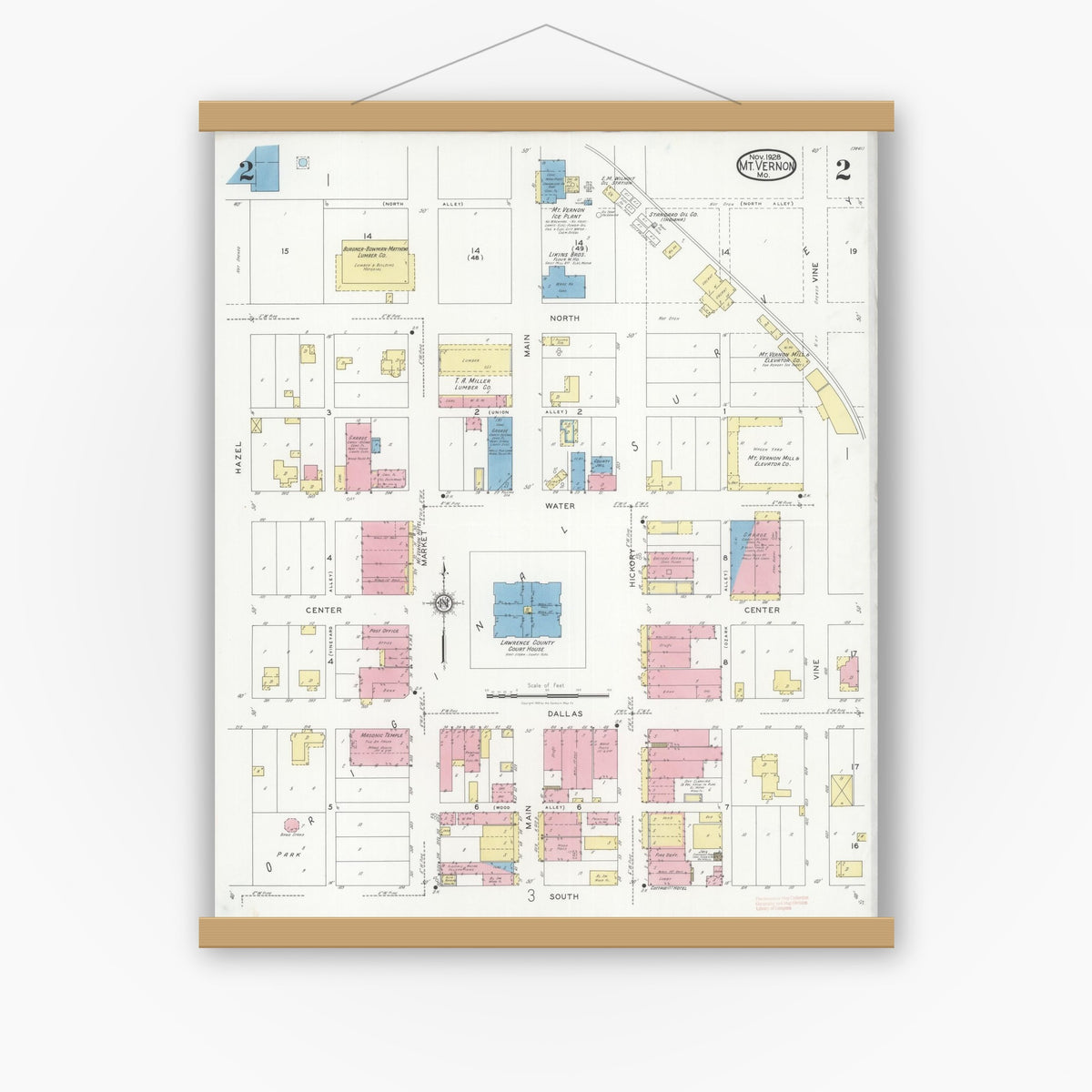 Old map wall art mockup — magnetic wood frame on white wall — Sanborn Fire Insurance Map from Mount Vernon, Lawrence County, Missouri (1928), Sheet #0002