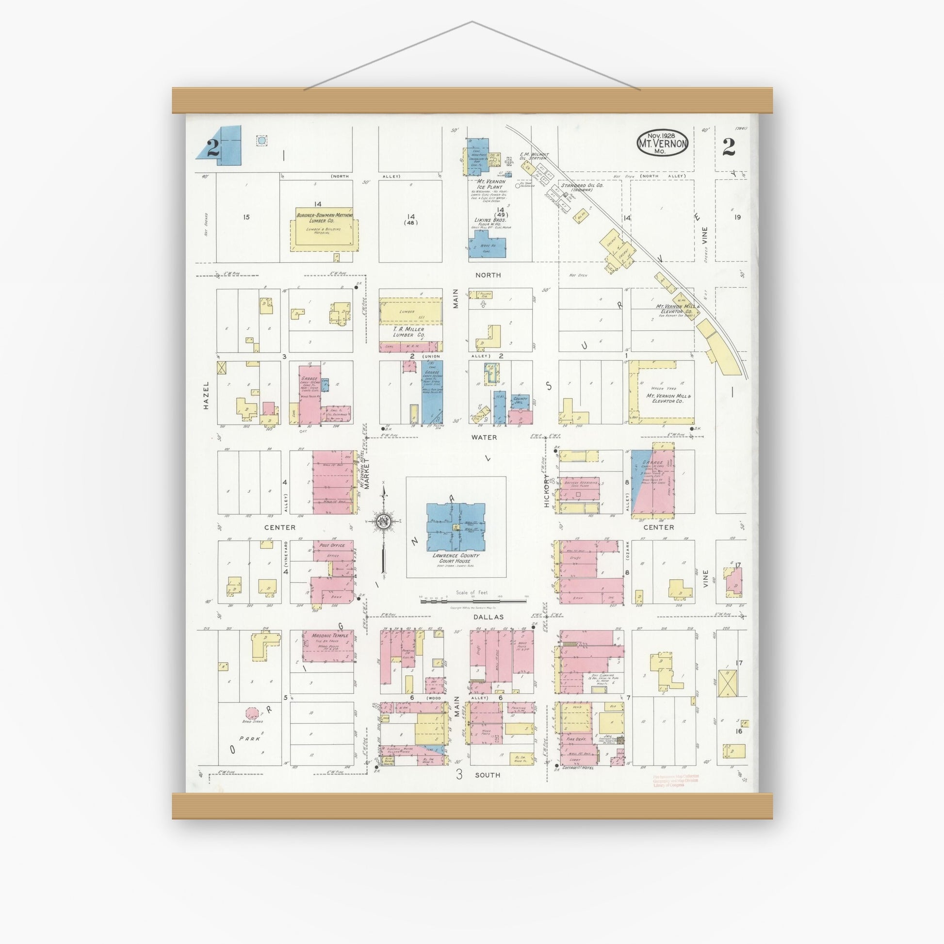Old map wall art mockup — magnetic wood frame on white wall — Sanborn Fire Insurance Map from Mount Vernon, Lawrence County, Missouri (1928), Sheet #0002
