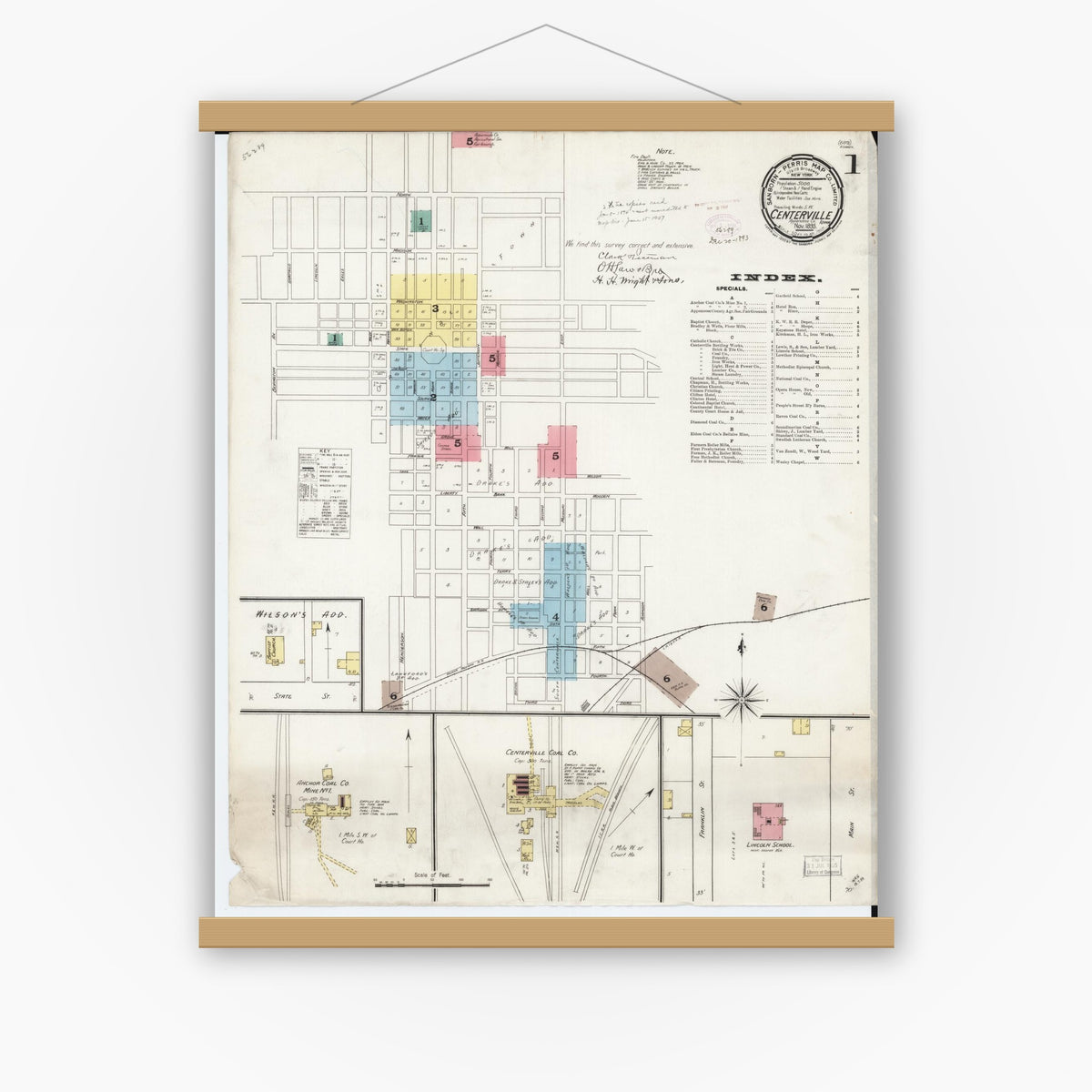 Old map wall art mockup — magnetic wood frame on white wall — Sanborn Fire Insurance Map from Centerville, Appanoose County, Iowa (1893) â€” Complete Set