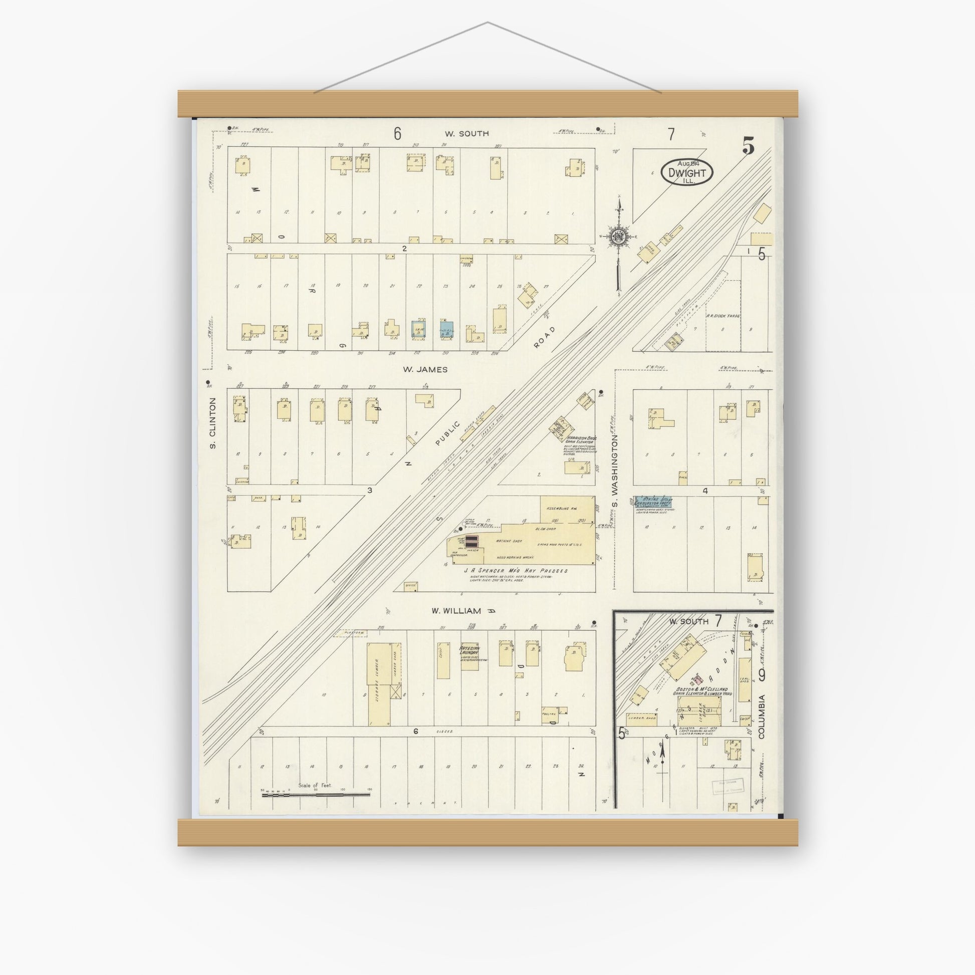 Old map wall art mockup — magnetic wood frame on white wall — Sanborn Fire Insurance Map from Dwight, Livingston County, Illinois (1914), Sheet #0005