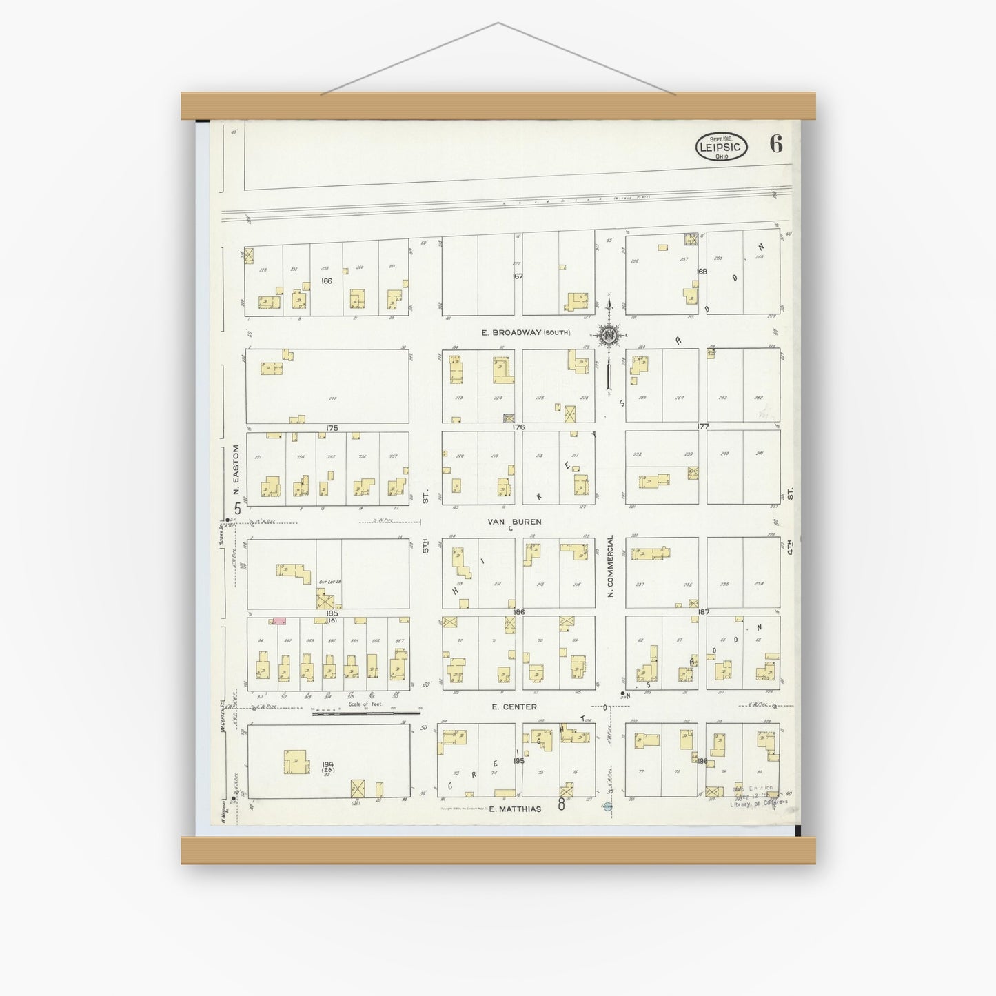 Old map wall art mockup — magnetic wood frame on white wall — Sanborn Fire Insurance Map from Leipsic, Putnam County, Ohio (1916), Sheet #0006